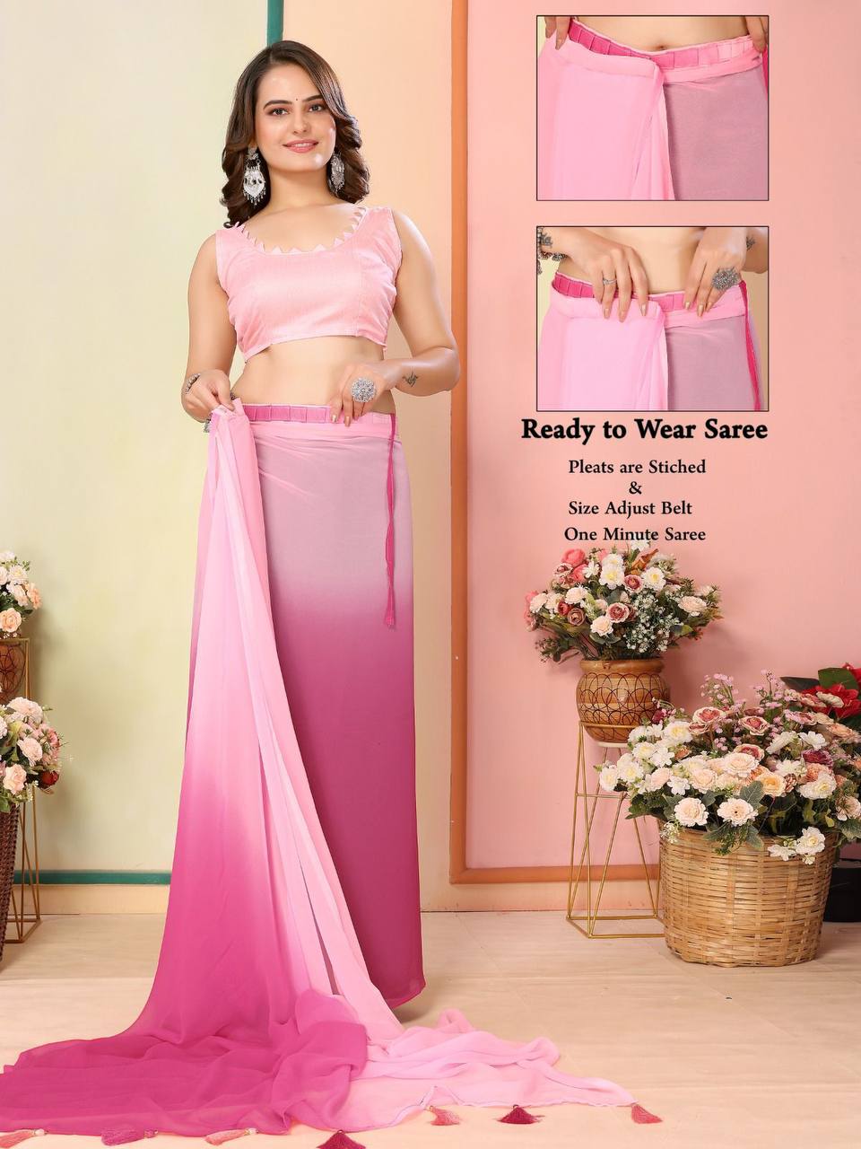 Artistic 1-Minute Ready To Wear Pink Shade Georgette Saree.