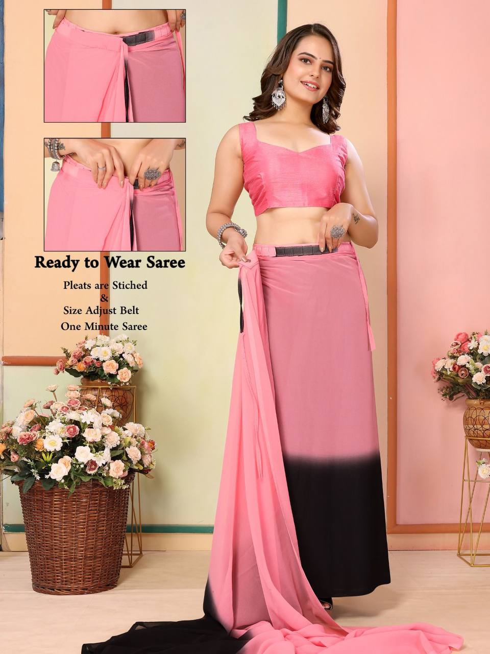 Classic Look Hot Pink Black Shade Georgette 1-Minute Ready To Wear Special Saree.
