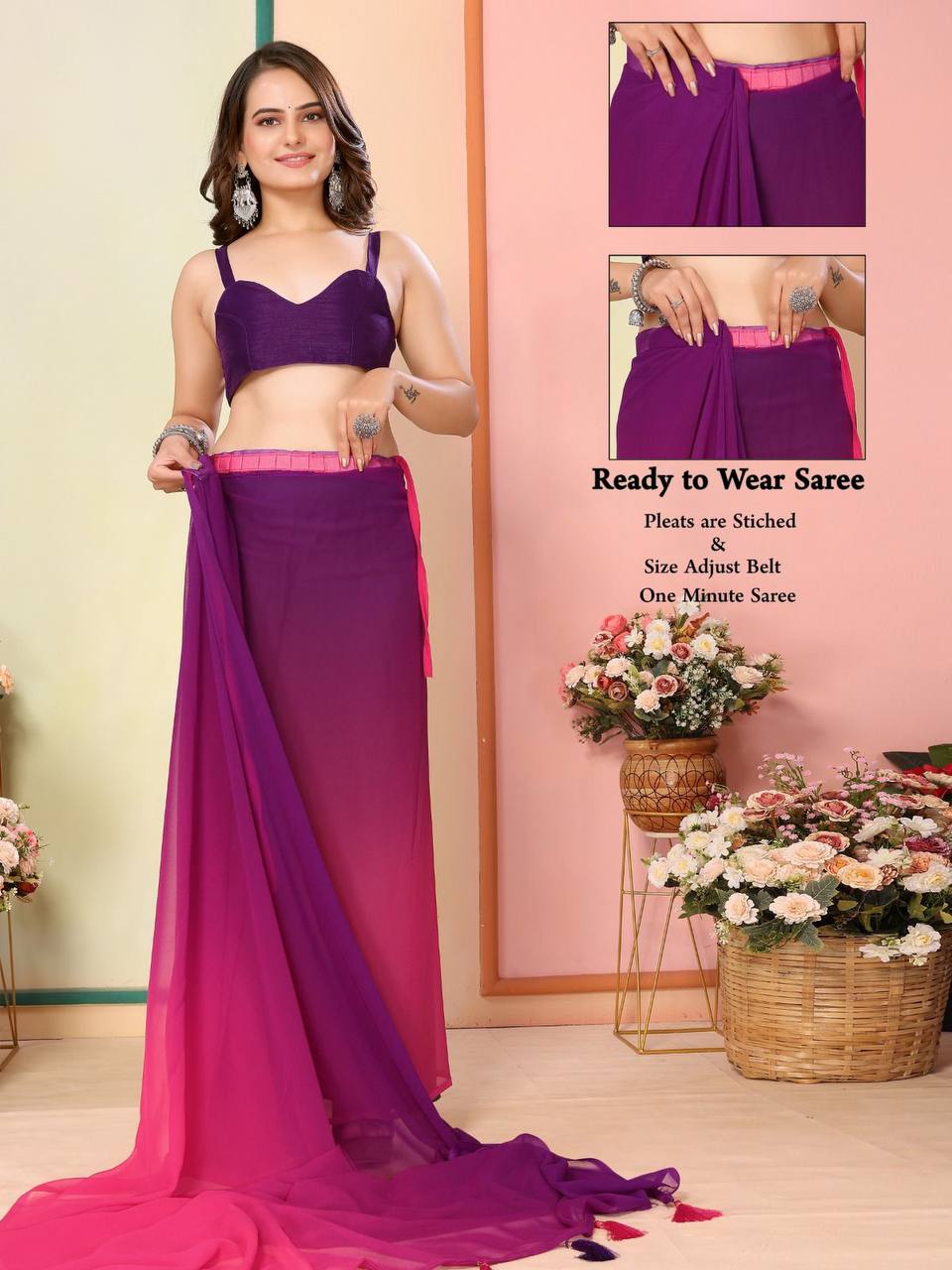 Attractive Look Dual Shade Color Padding 1-Minute Ready To Wear Upcoming Festival Special Saree Collection.