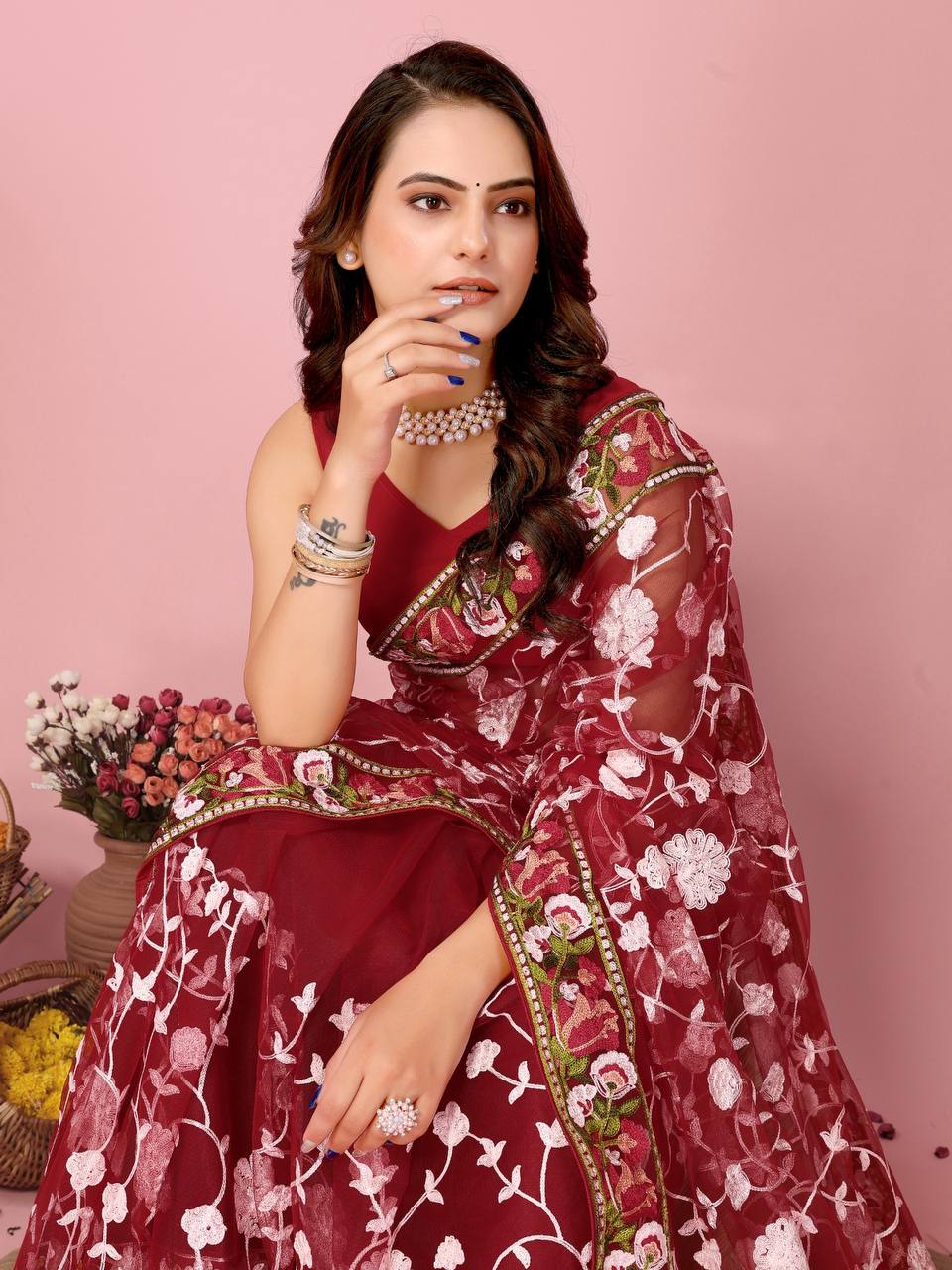 Weddings Functions Special Chikankari Embroidery Work Soft Net Saree.