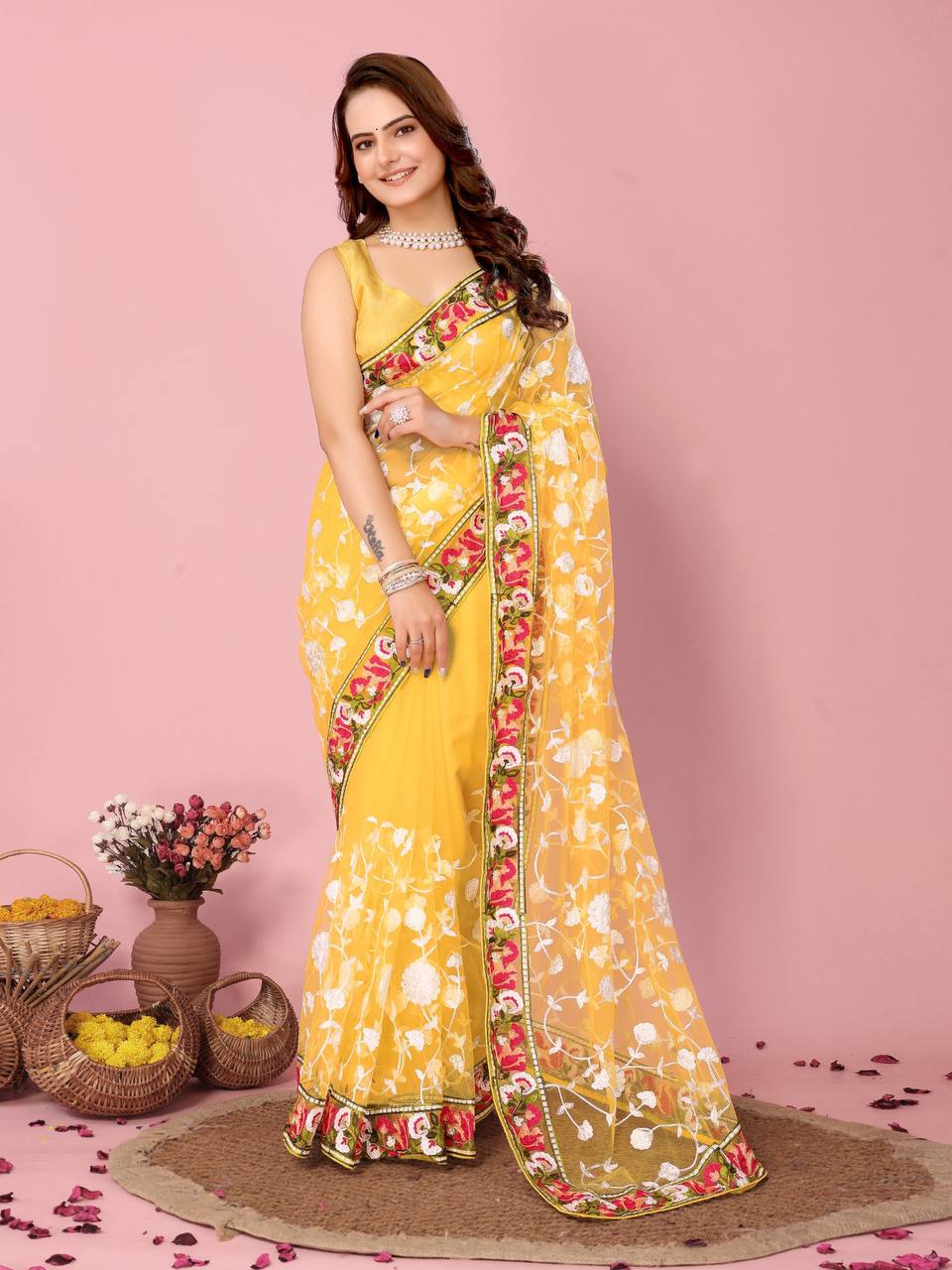 Haldi ceremony Special Yellow Soft Net Saree Collection.