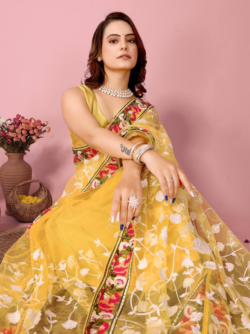 Haldi ceremony Special Yellow Soft Net Saree Collection.