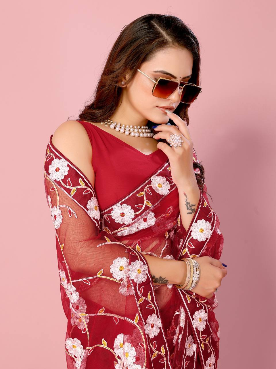 Pretty Soft Net Red Saree Collection.