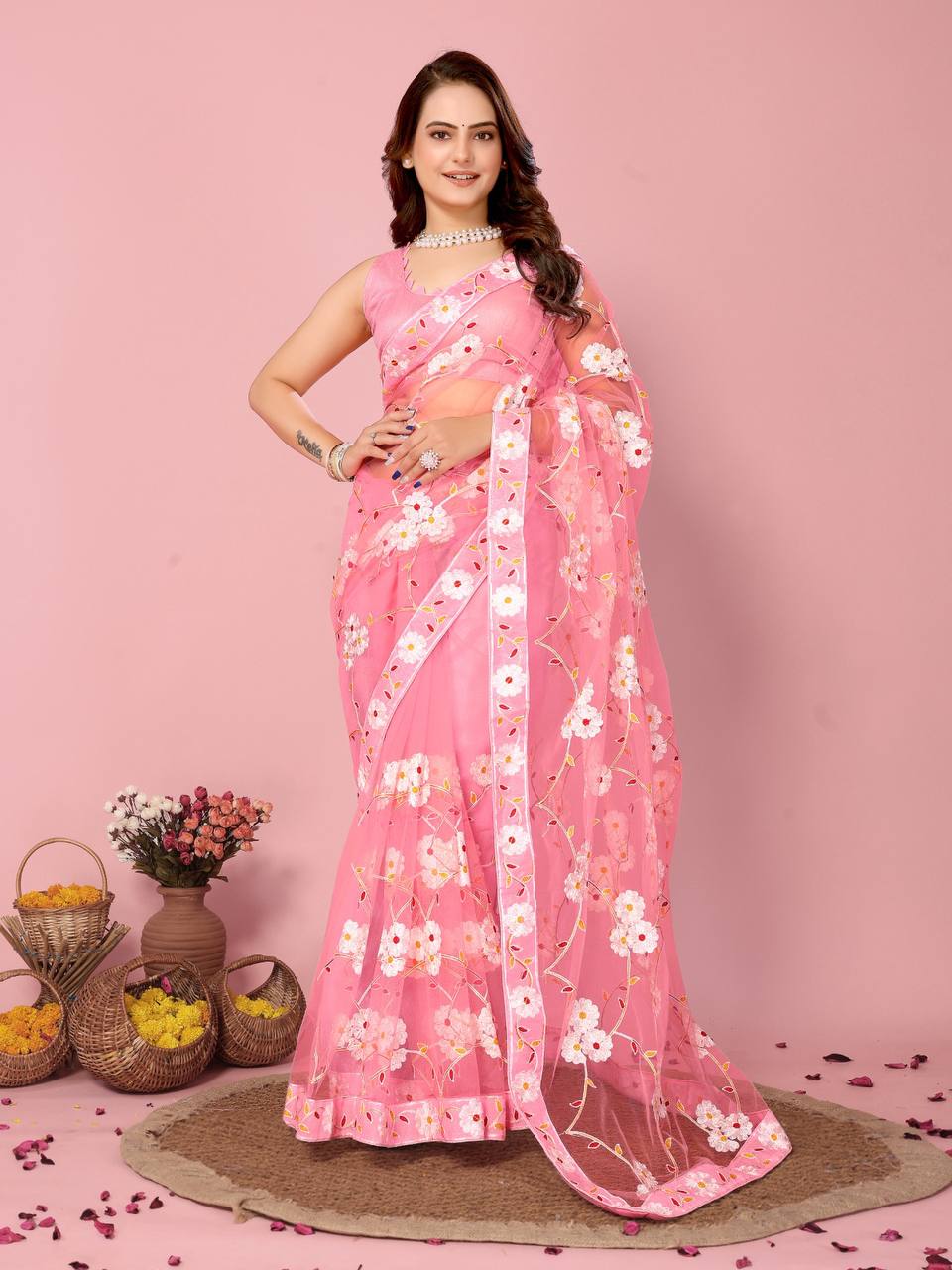 Latest New Soft Net Chikankari Embroidery Work Pink Saree.