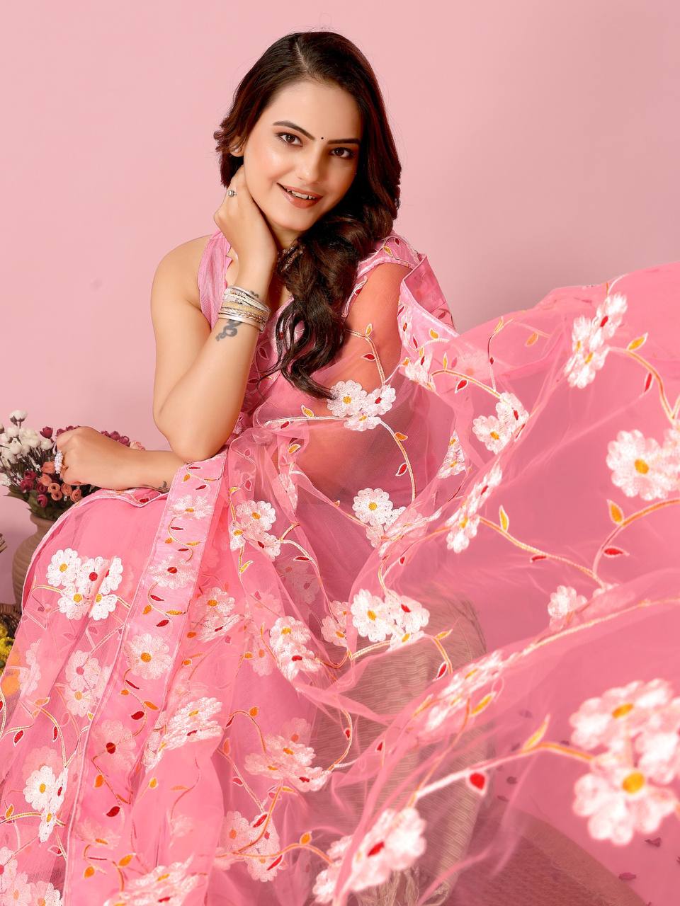 Latest New Soft Net Chikankari Embroidery Work Pink Saree.