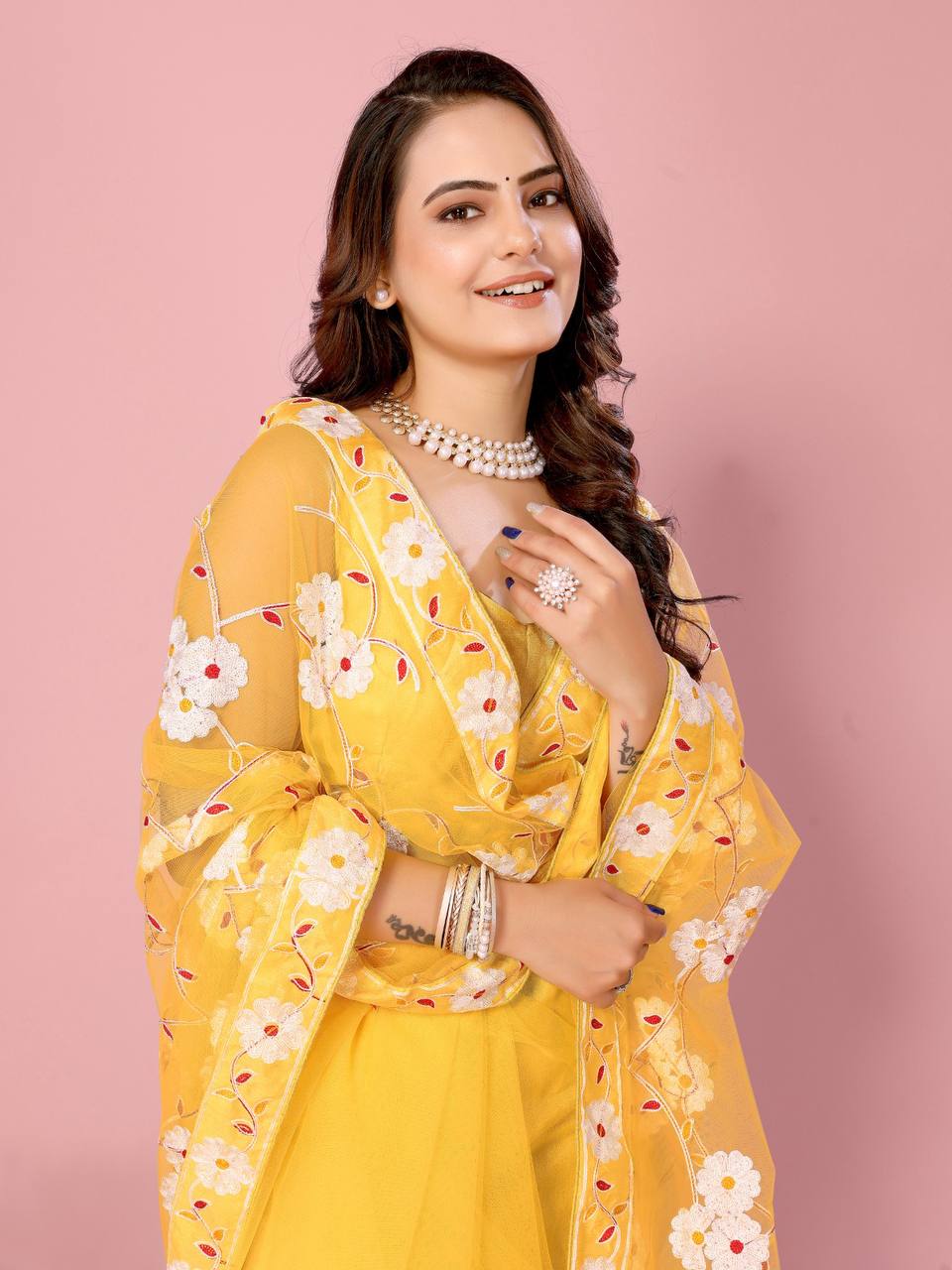Haldi Ceremony Special Soft Net Yellow Colour Saree.