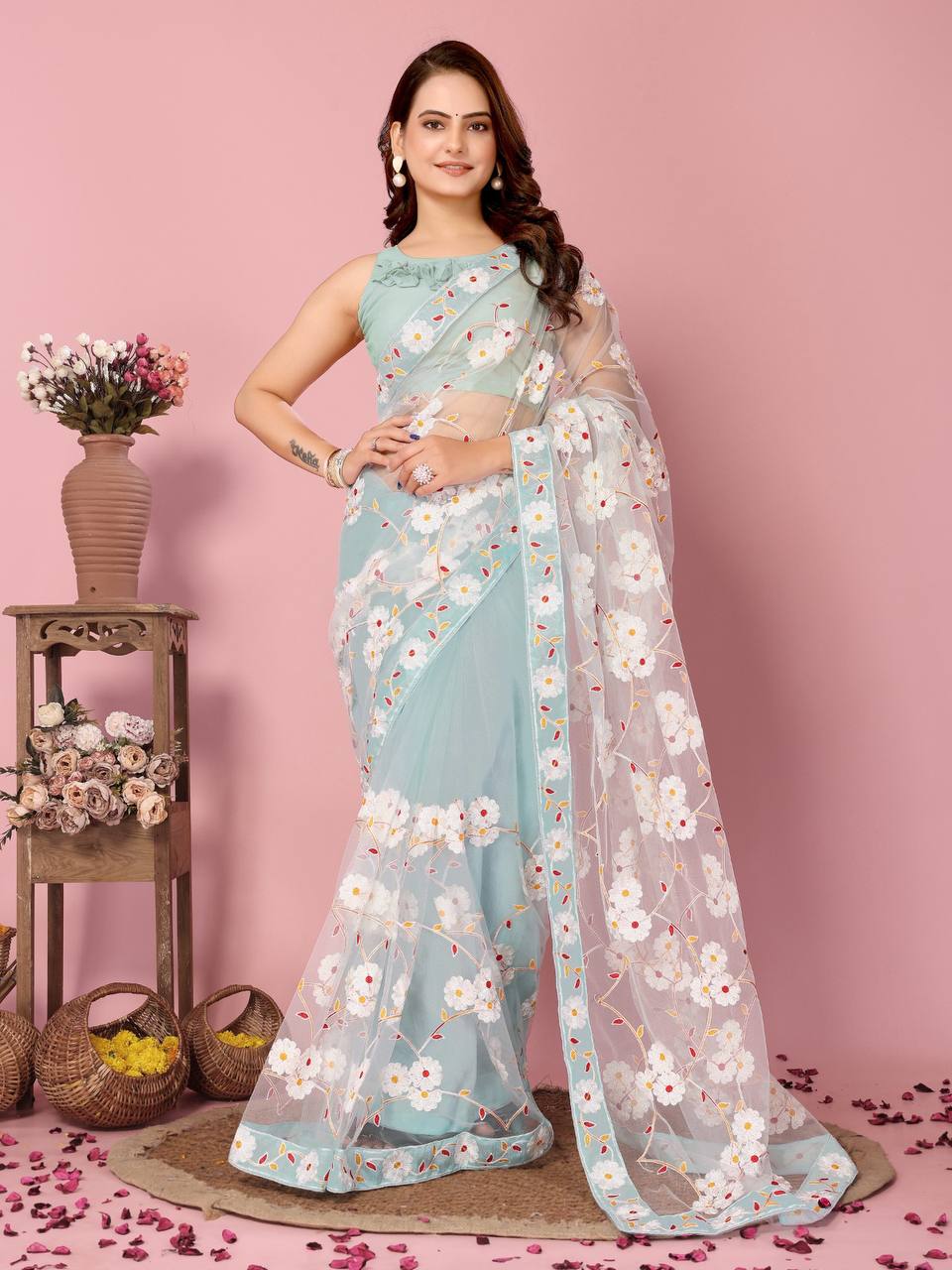 Latest Designer Soft Net Chikankari Embroidery Work Saree.