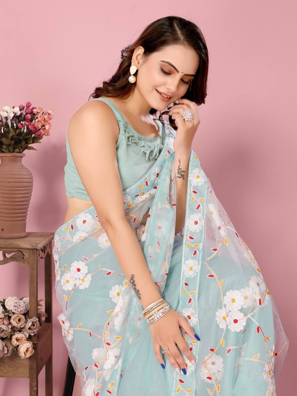 Latest Designer Soft Net Chikankari Embroidery Work Saree.