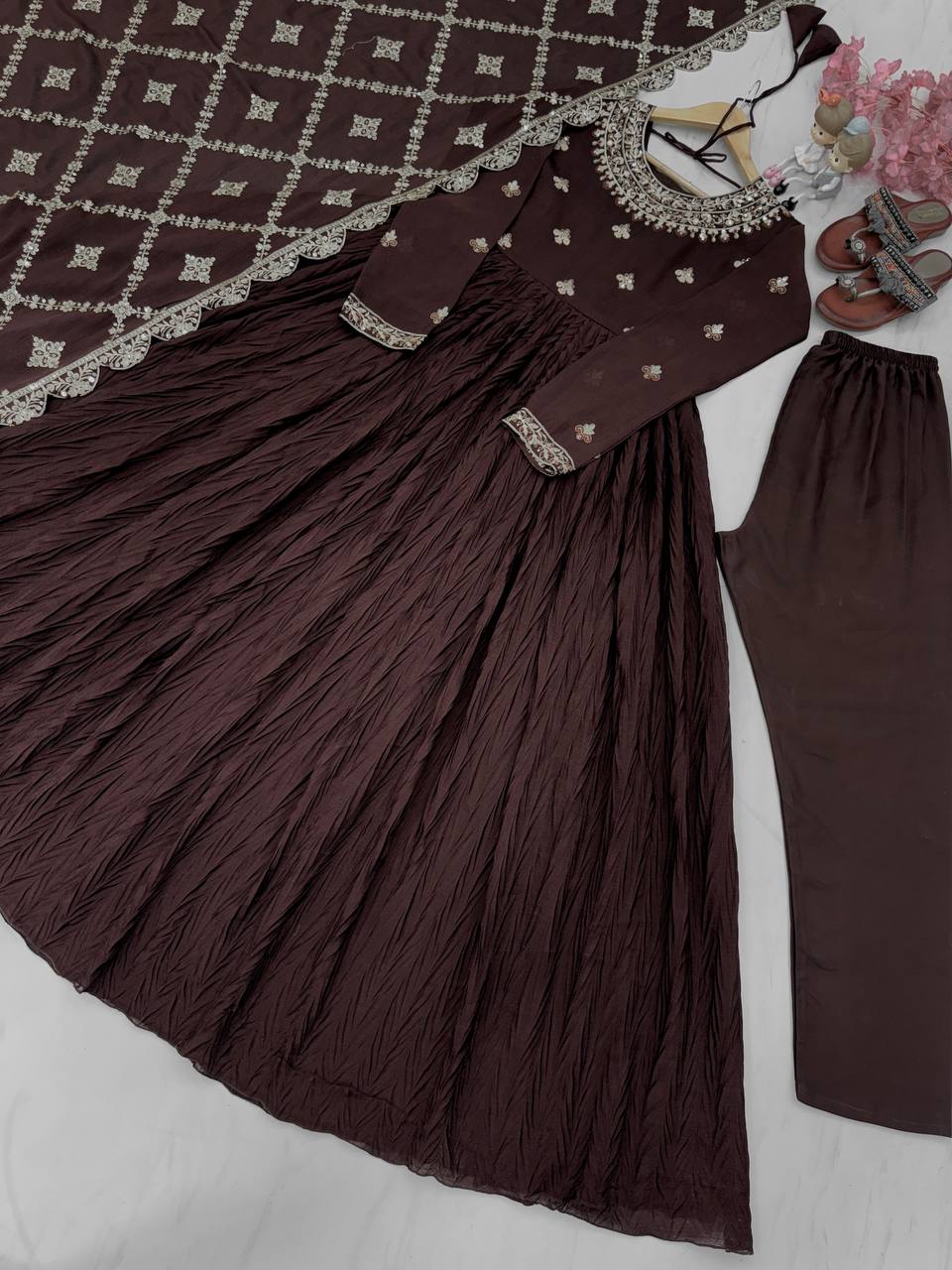 Latest New Party Wear Pure Crush Chinon Silk Fancy Gown Collection.