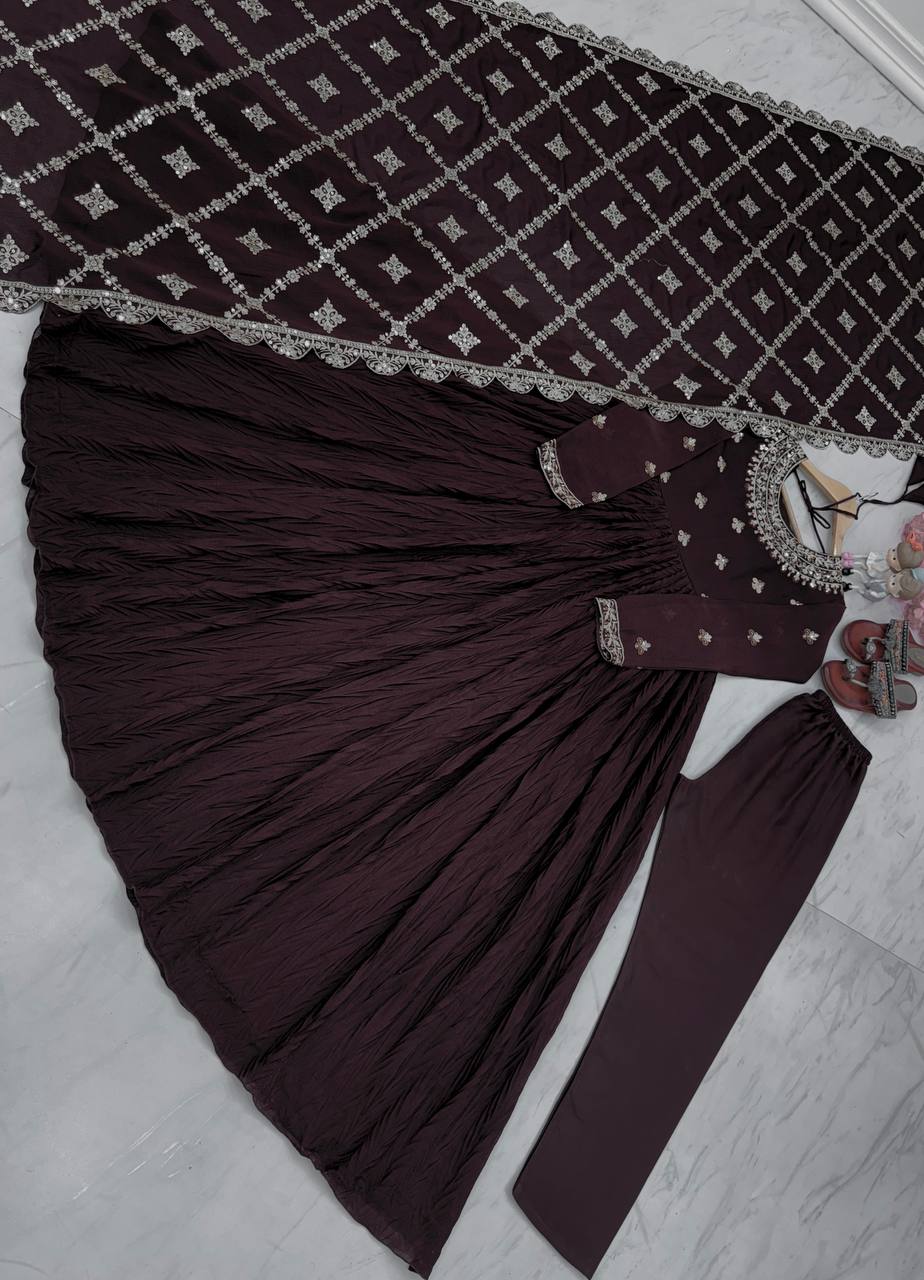 Latest New Party Wear Pure Crush Chinon Silk Fancy Gown Collection.