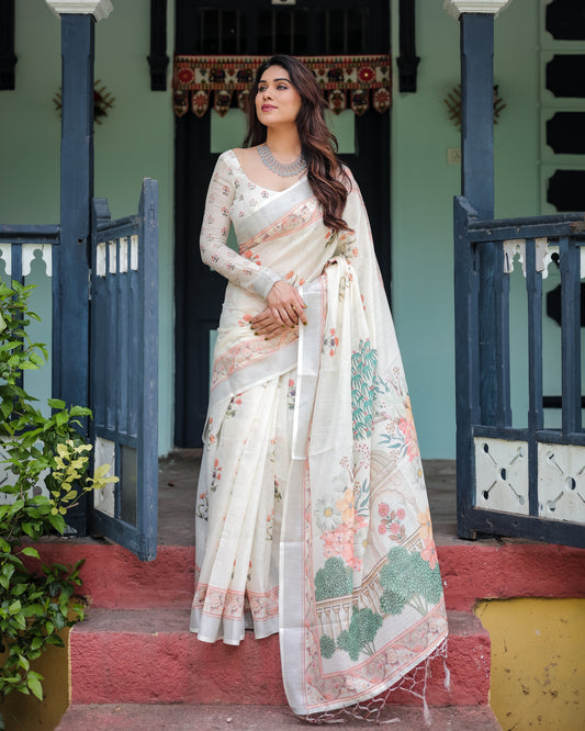 Ethereal Beauty Pure Linen Saree with Tassels.