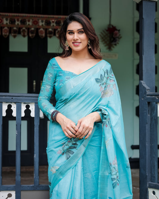 Refreshing Sky Blue Elegant Pure Linen Saree.