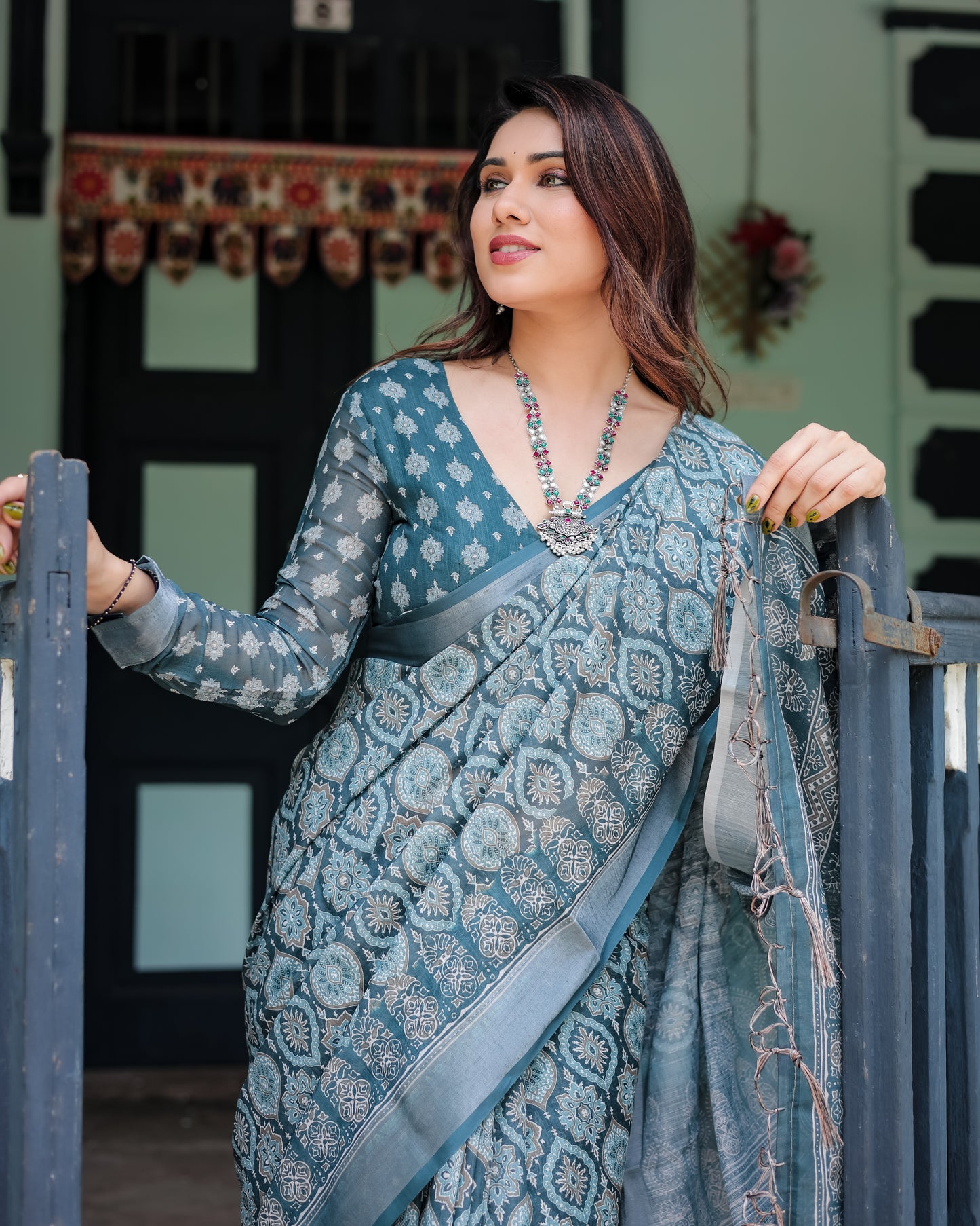 Regal Blue Beauty  Pure Linen Saree with Tassels.