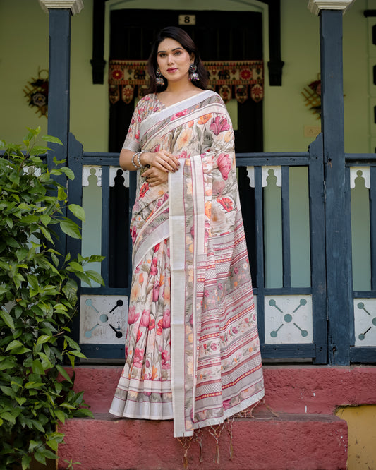 Floral Splendor Pure Linen Saree with Tassels.