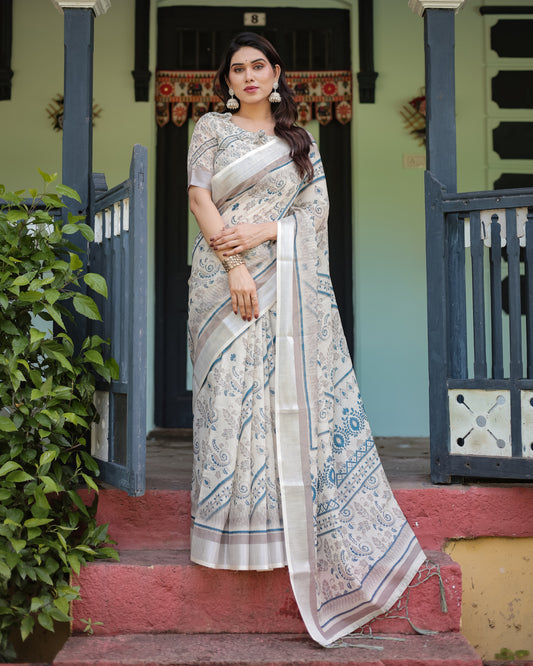 Elegant Blue Charm Pure Linen Saree With Tassels.
