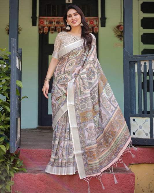 Artistic Charm Pure Linen Saree With Tassels.