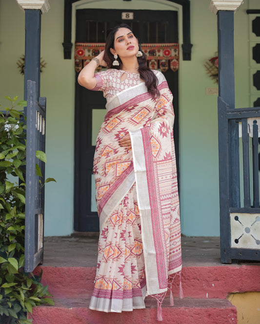 Tribal Chic Pure Linen Saree with Tassels.