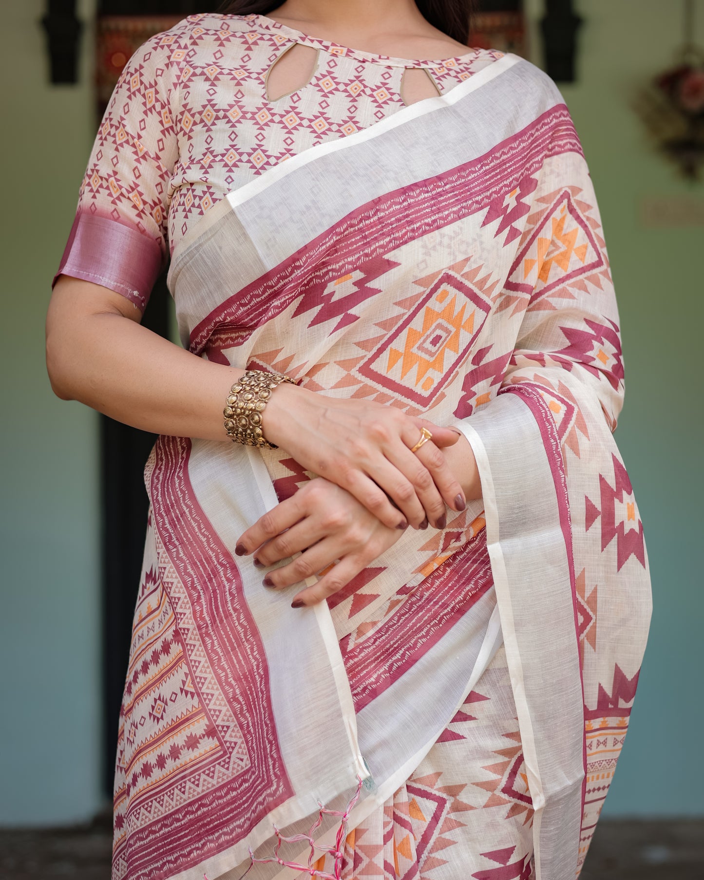 Tribal Chic Pure Linen Saree with Tassels.