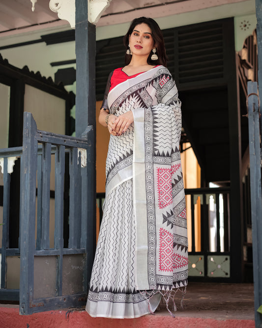 Mono Chrome Glamour Pure Linen Saree with Tassels.