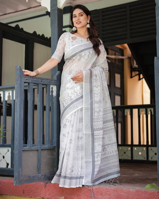 Minimal Chic Pure Linen Saree with Tassels.