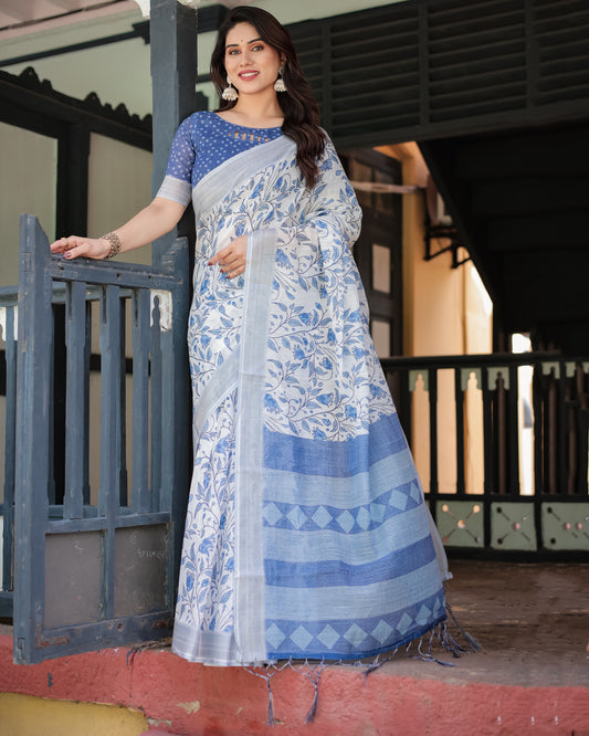 Floral Blues  Pure Linen Saree with Tassels.