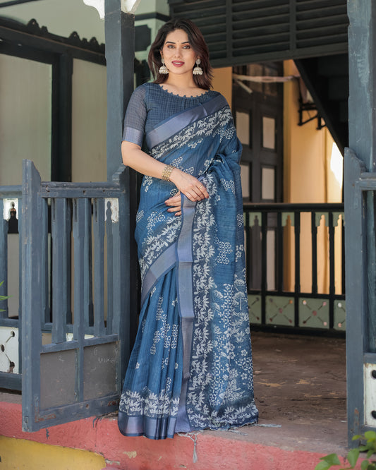 Graceful Blue Floral Linen Saree.