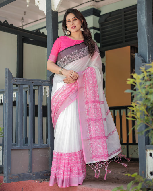 Exquisite Pink & White Linen Saree.