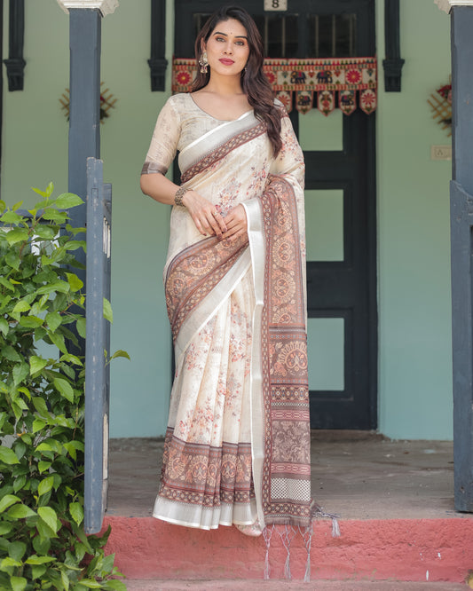 New Designer Elegant Beige Linen Saree.