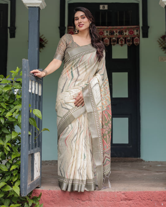 Pastel Green & Beige Linen Saree.