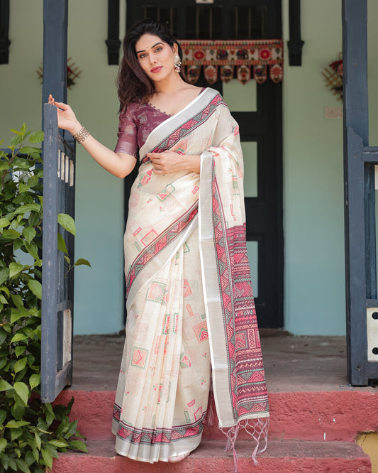 Geometric Splendor Pure Linen Saree With Tassels.
