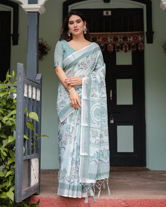 Misty Green Elegance Pure Linen Saree With Tassels.