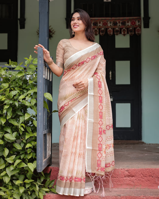 Elegant Beige & Peach Linen Saree.