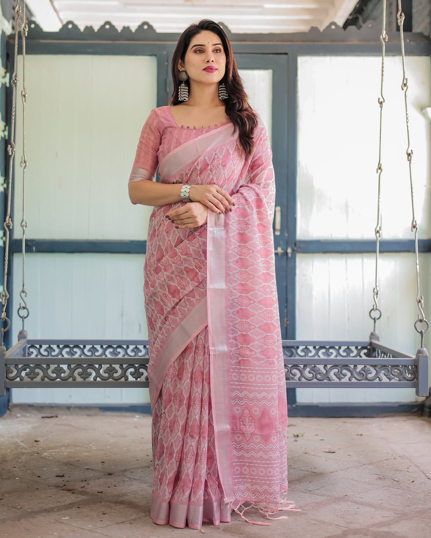 Blush Pink Grace Pure Linen Saree with Tassels.