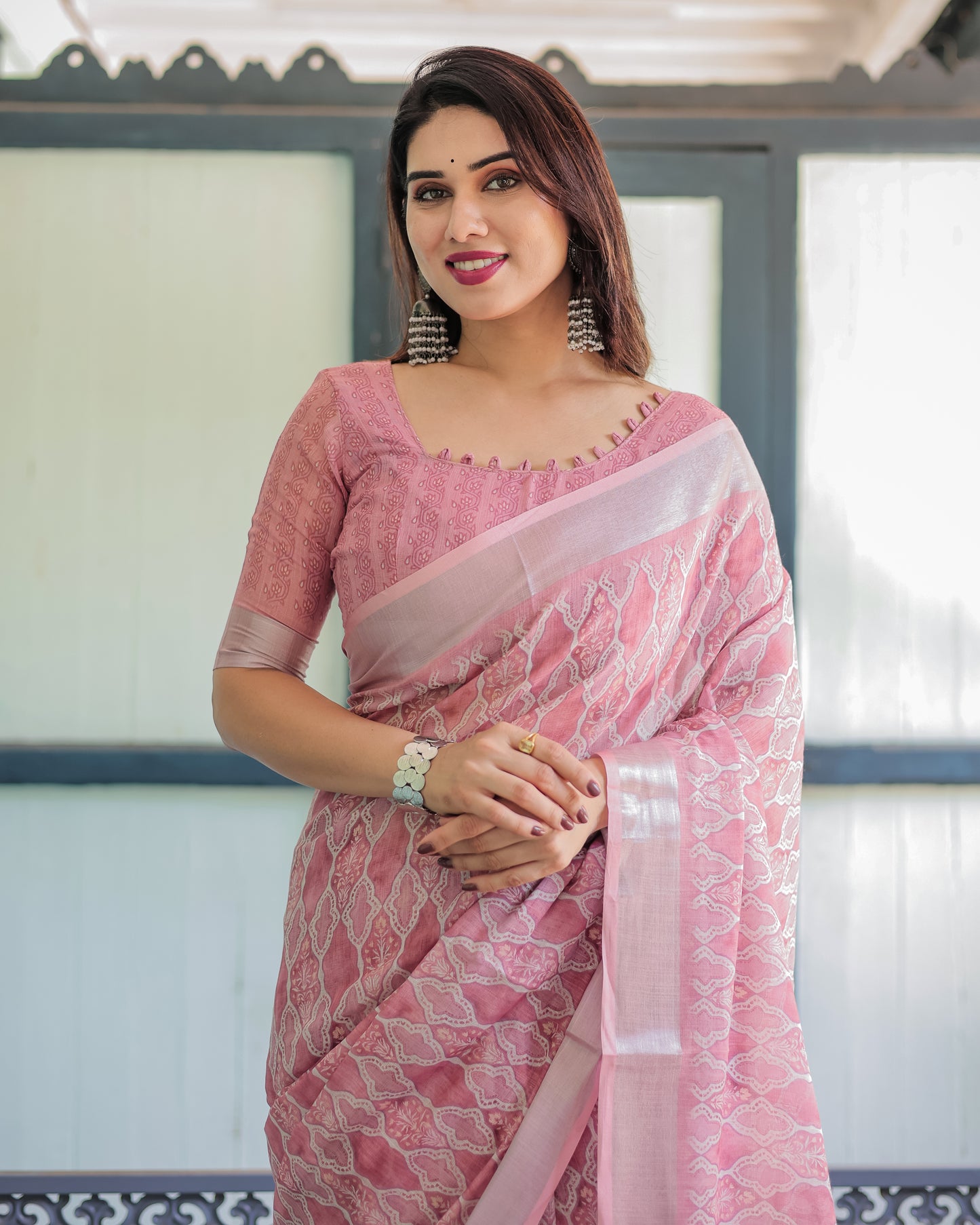 Blush Pink Grace Pure Linen Saree with Tassels.