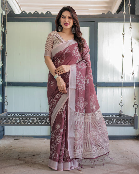 Elegant Designer Maroon Linen Saree.