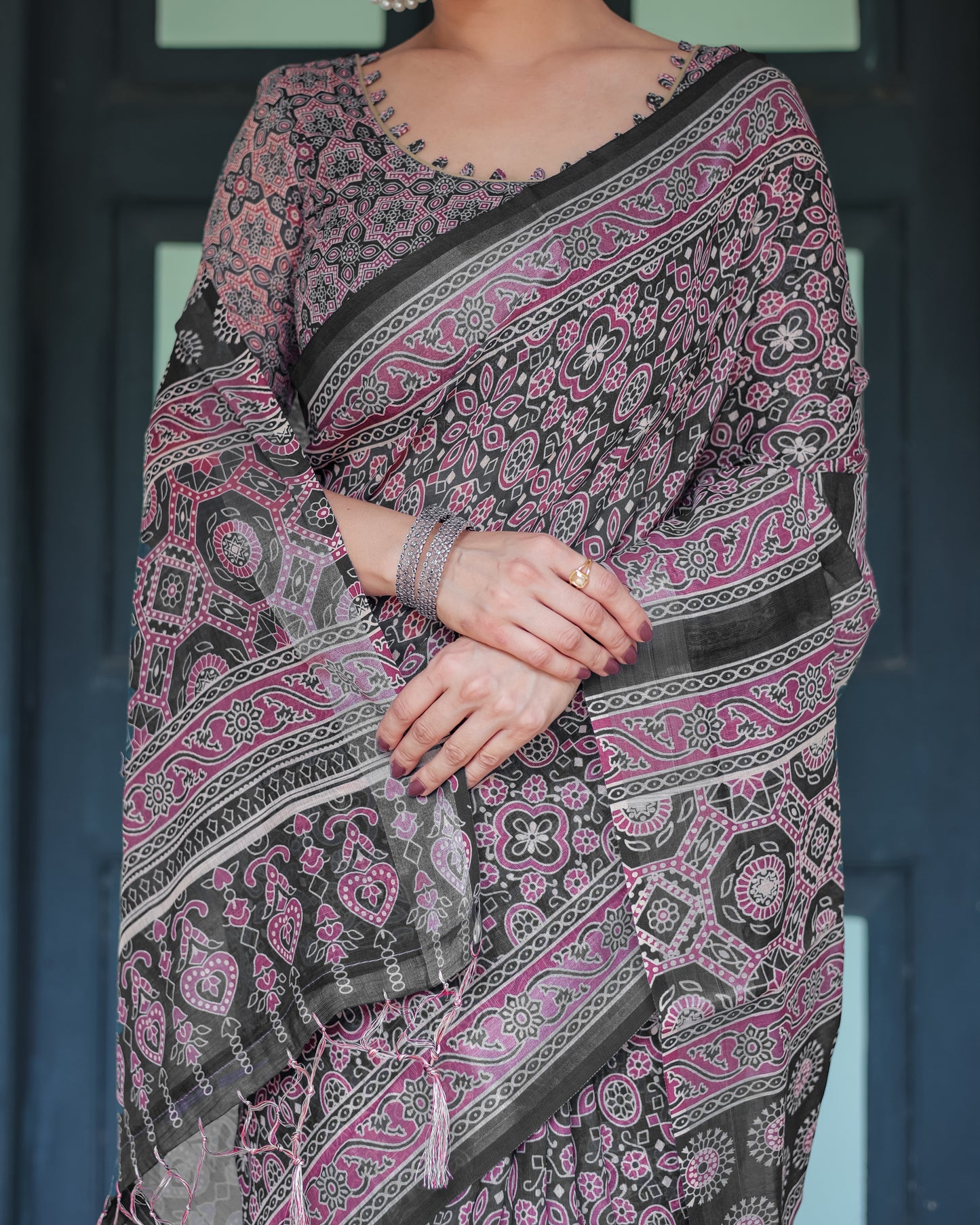 Perfect Elegant Ajrakh Linen Saree.