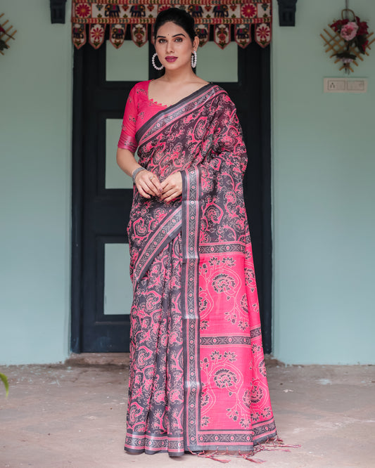 Stunning Black & Pink Digital Print Linen Saree.