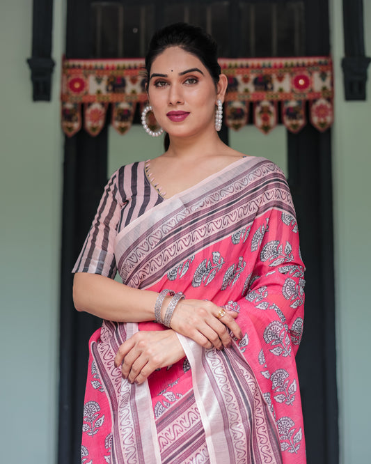 Elegant Pink & Black Digital Print Linen Saree.