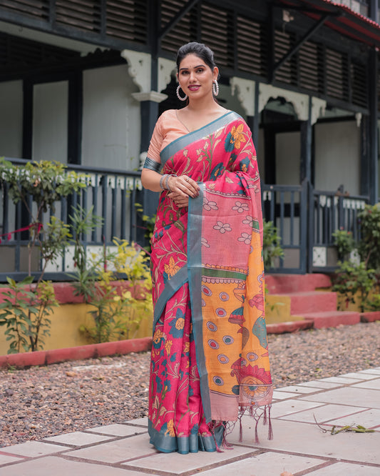 Stunning Pink & Blue Floral Digital Print Linen Saree.