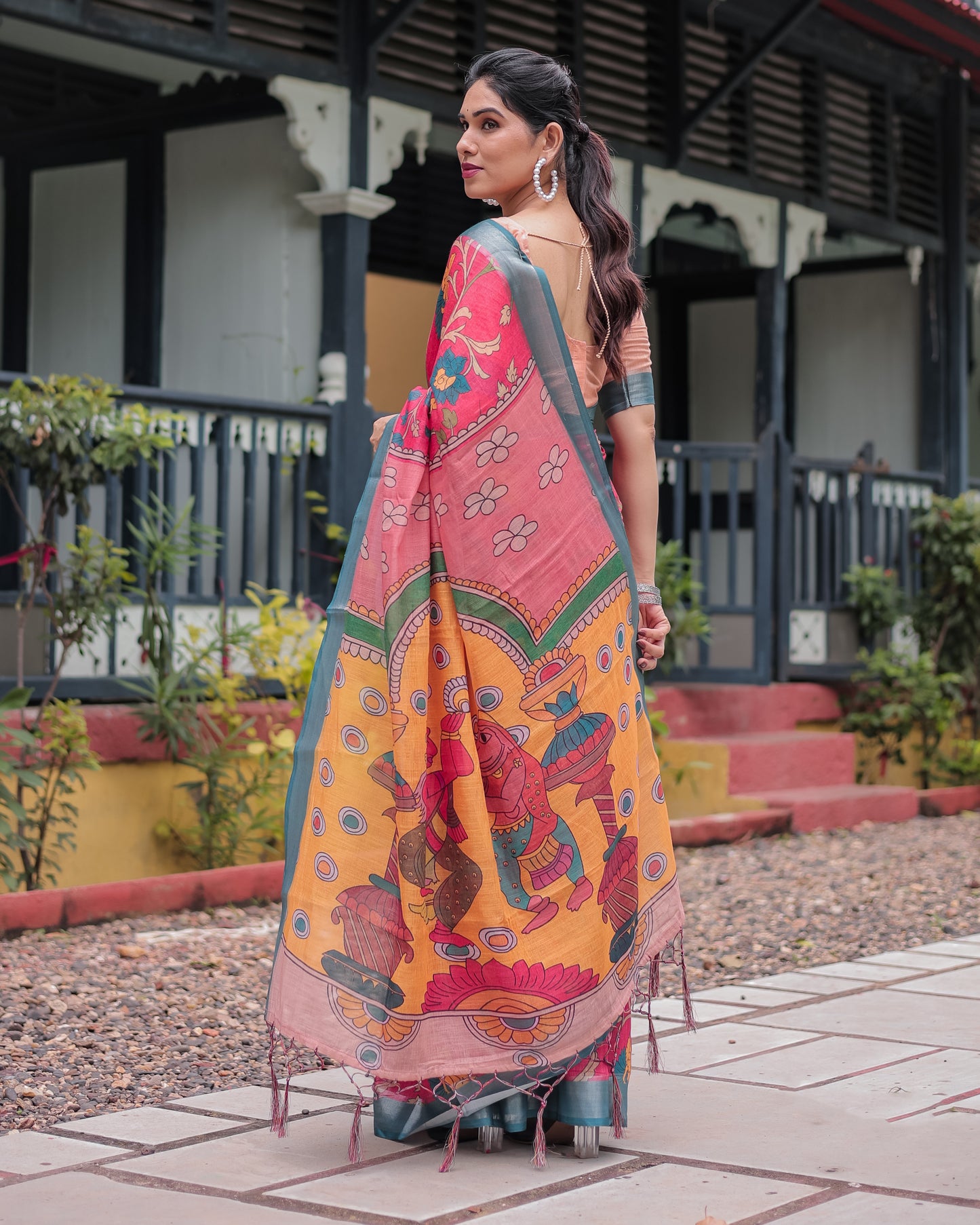 Stunning Pink & Blue Floral Digital Print Linen Saree.