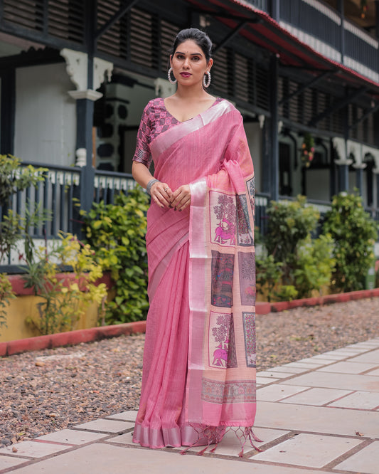 Graceful Pink Digital Print Linen Saree.