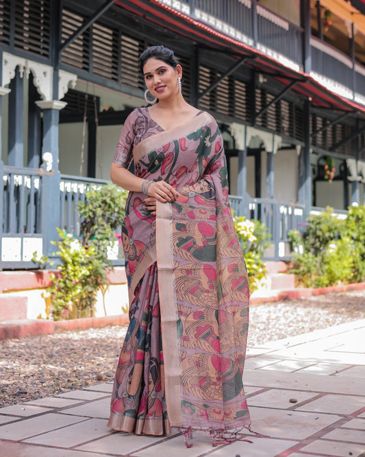 Graceful Mauve Digital Print Linen Saree.