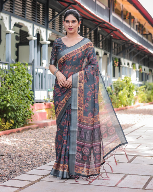 Regal Charcoal Grey Digital Print Linen Saree.