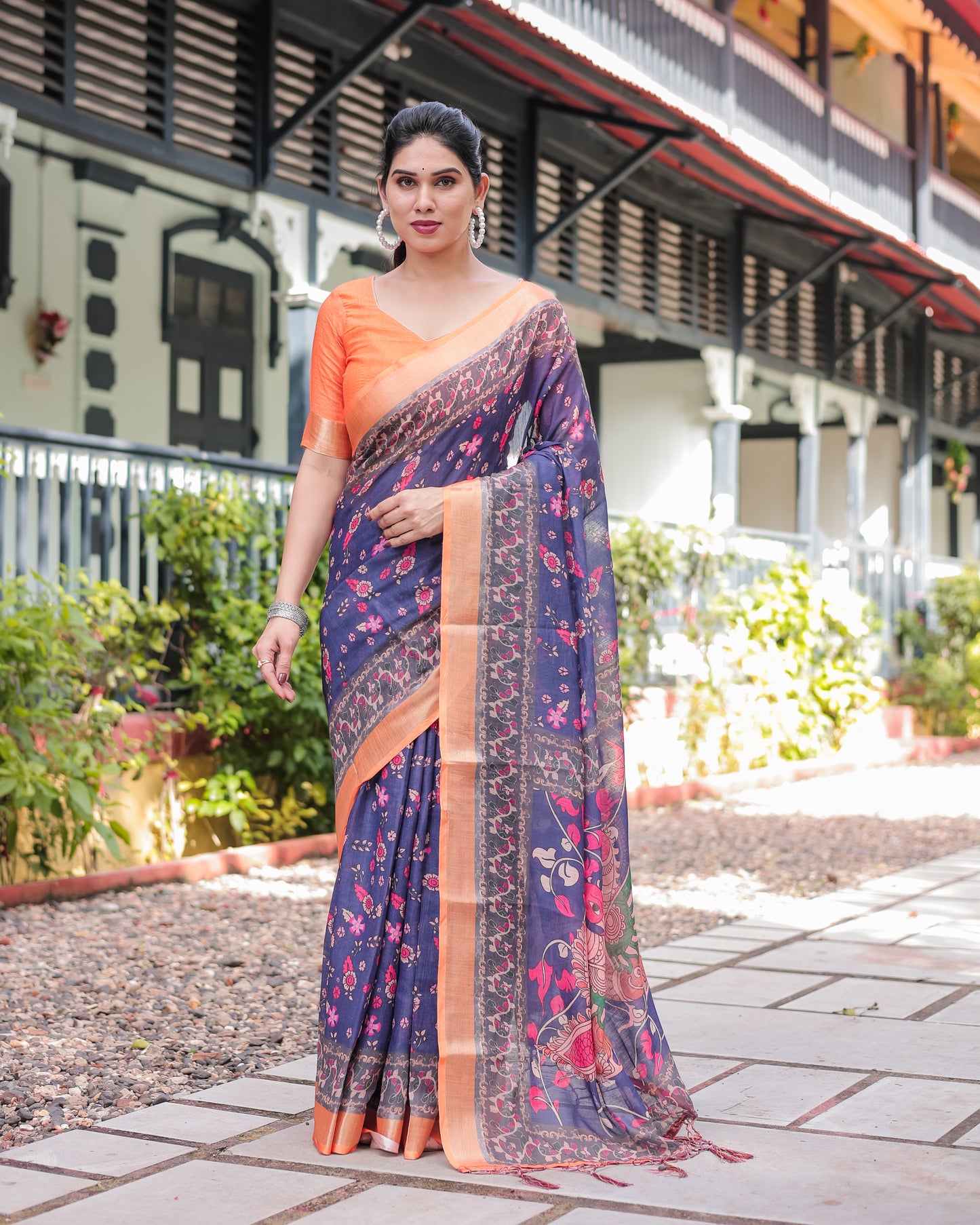 Royal Blue & Orange Digital Print Linen Saree.