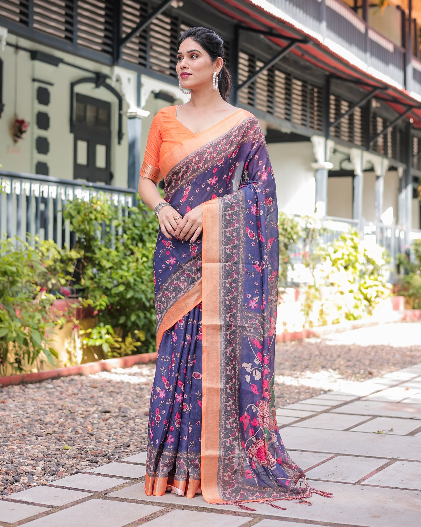 Royal Blue & Orange Digital Print Linen Saree.