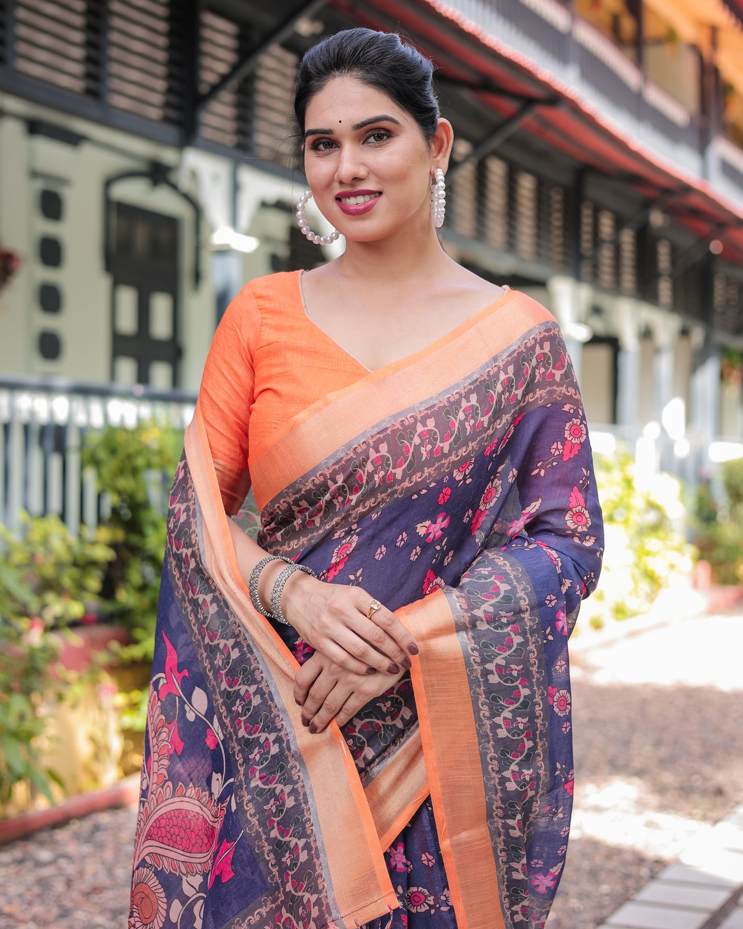Royal Blue & Orange Digital Print Linen Saree.