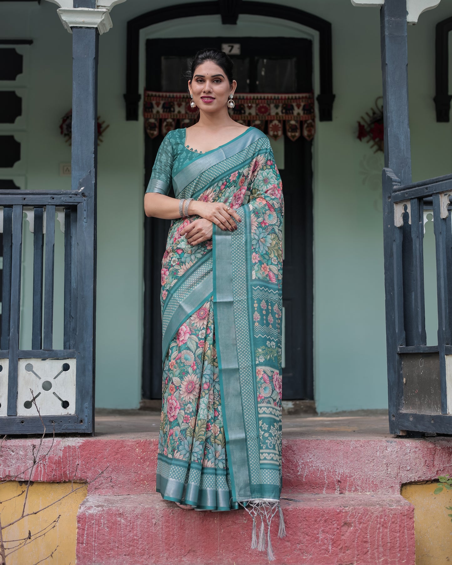 Elegant Teal Green Linen Saree.