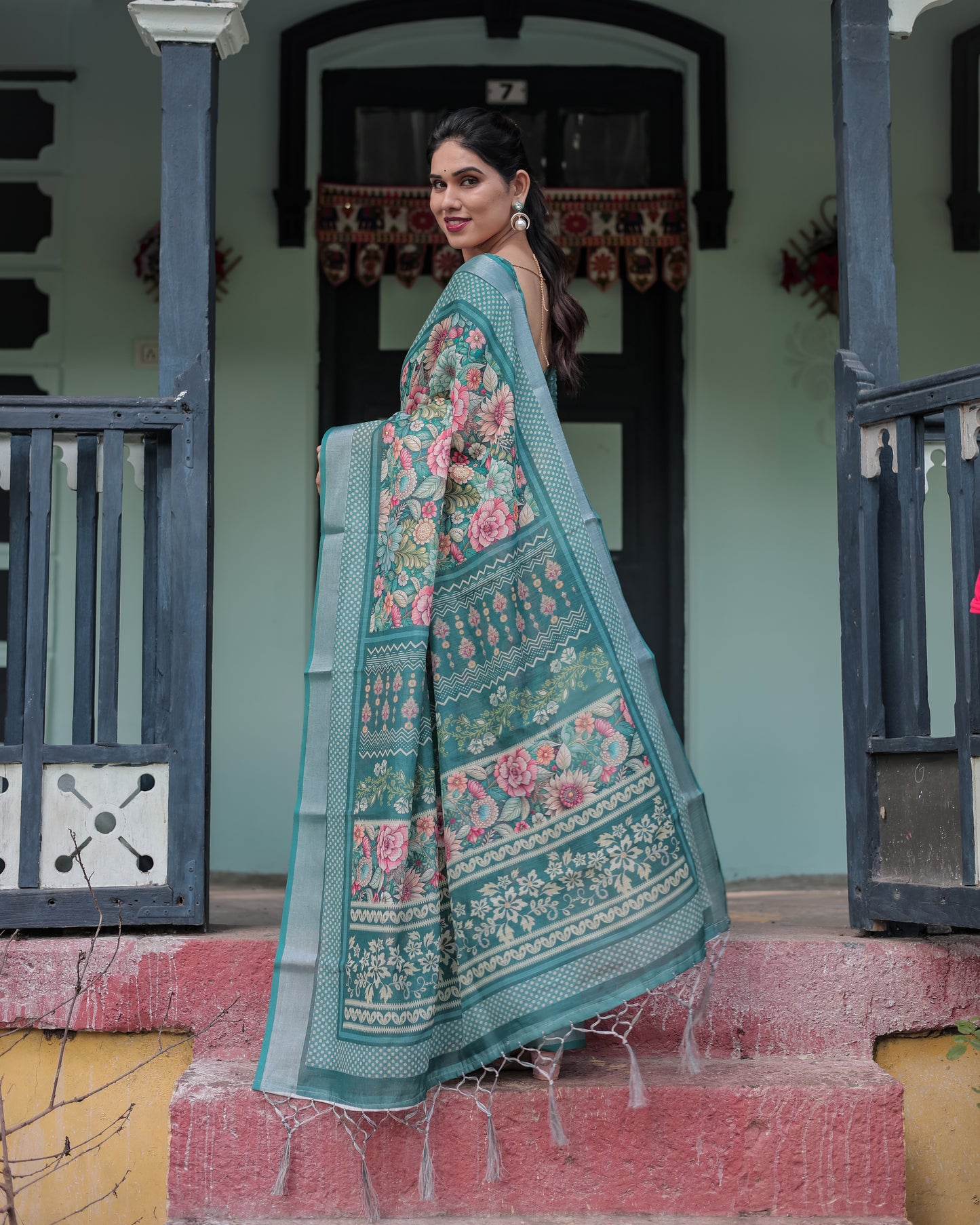 Elegant Teal Green Linen Saree.