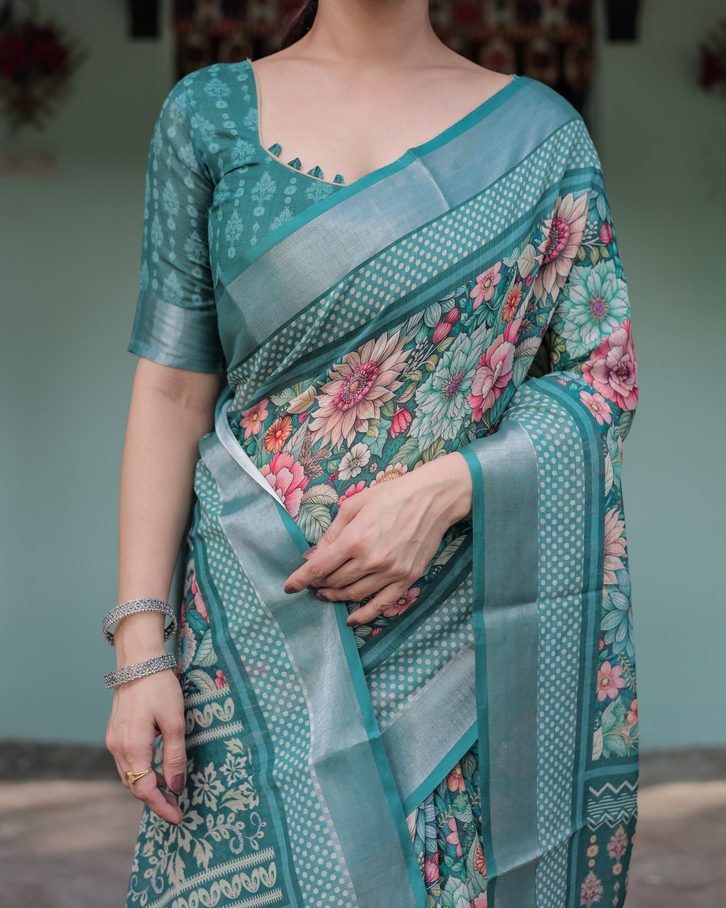 Elegant Teal Green Linen Saree.