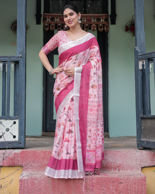 Summer Season Special Elegant Pink Linen Saree.